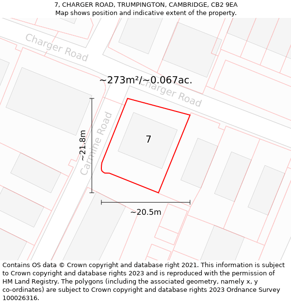 7, CHARGER ROAD, TRUMPINGTON, CAMBRIDGE, CB2 9EA: Plot and title map