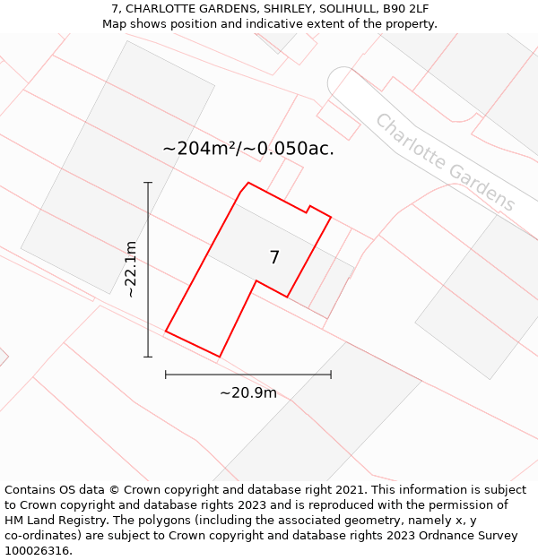 7, CHARLOTTE GARDENS, SHIRLEY, SOLIHULL, B90 2LF: Plot and title map