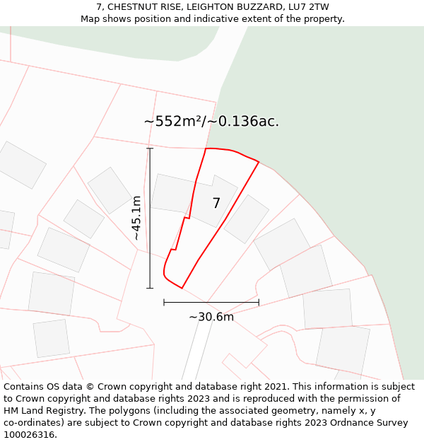 7, CHESTNUT RISE, LEIGHTON BUZZARD, LU7 2TW: Plot and title map