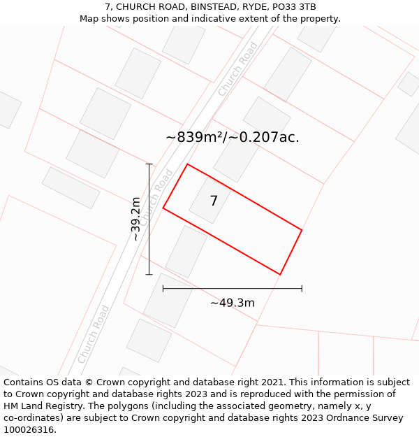 7, CHURCH ROAD, BINSTEAD, RYDE, PO33 3TB: Plot and title map
