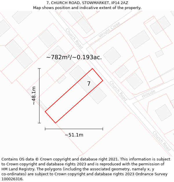 7, CHURCH ROAD, STOWMARKET, IP14 2AZ: Plot and title map