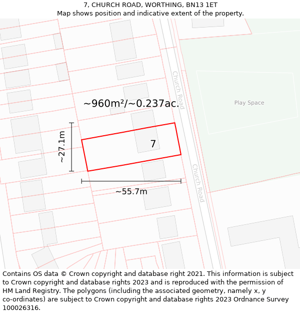 7, CHURCH ROAD, WORTHING, BN13 1ET: Plot and title map