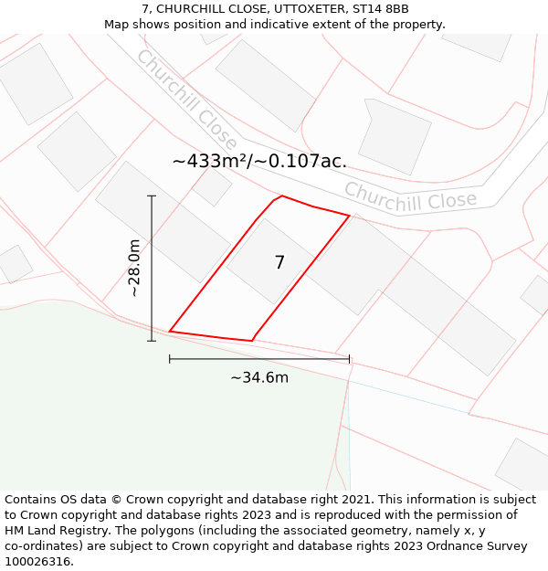 7, CHURCHILL CLOSE, UTTOXETER, ST14 8BB: Plot and title map