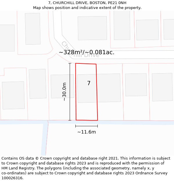 7, CHURCHILL DRIVE, BOSTON, PE21 0NH: Plot and title map