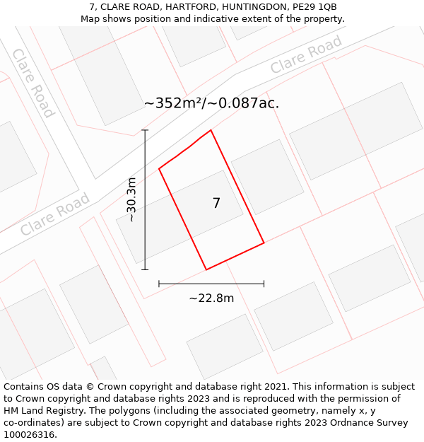 7, CLARE ROAD, HARTFORD, HUNTINGDON, PE29 1QB: Plot and title map