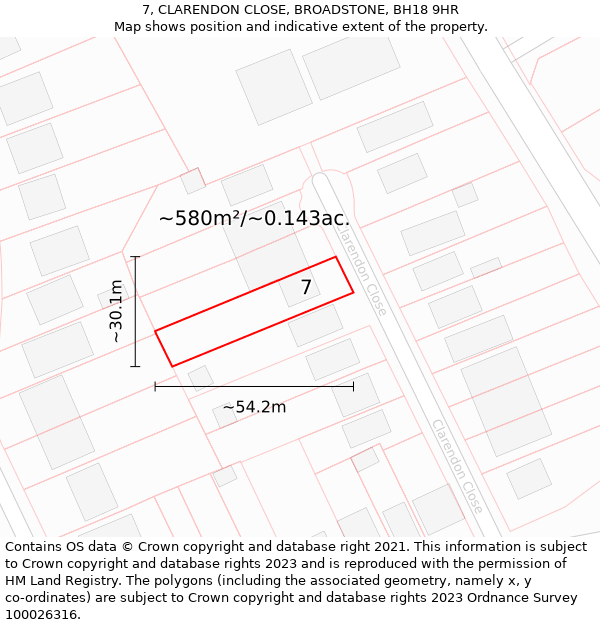 7, CLARENDON CLOSE, BROADSTONE, BH18 9HR: Plot and title map