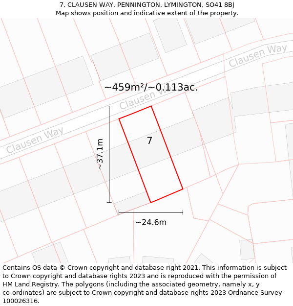 7, CLAUSEN WAY, PENNINGTON, LYMINGTON, SO41 8BJ: Plot and title map