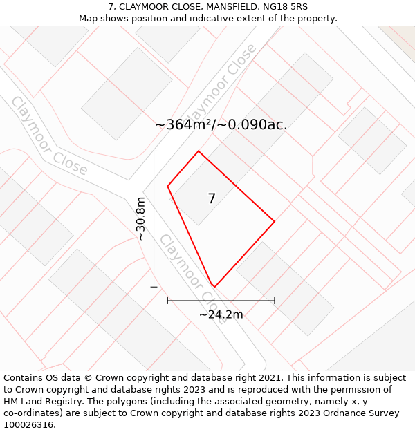 7, CLAYMOOR CLOSE, MANSFIELD, NG18 5RS: Plot and title map