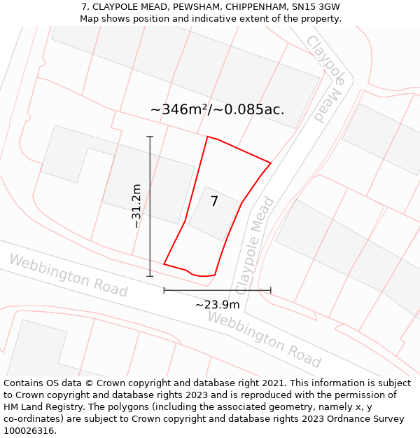 7, CLAYPOLE MEAD, PEWSHAM, CHIPPENHAM, SN15 3GW: Plot and title map