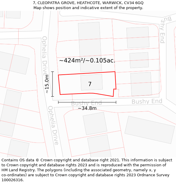 7, CLEOPATRA GROVE, HEATHCOTE, WARWICK, CV34 6GQ: Plot and title map