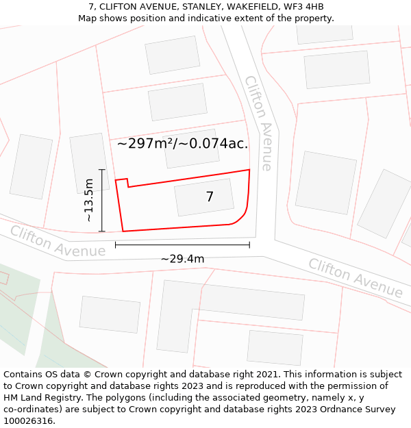 7, CLIFTON AVENUE, STANLEY, WAKEFIELD, WF3 4HB: Plot and title map