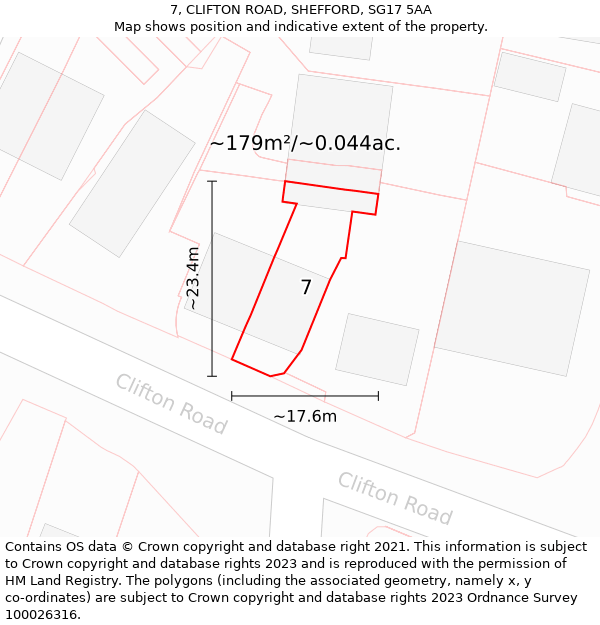 7, CLIFTON ROAD, SHEFFORD, SG17 5AA: Plot and title map