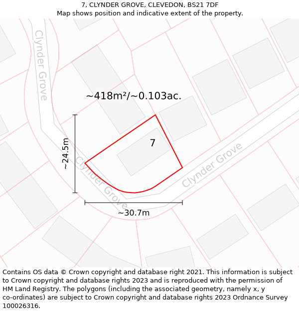 7, CLYNDER GROVE, CLEVEDON, BS21 7DF: Plot and title map