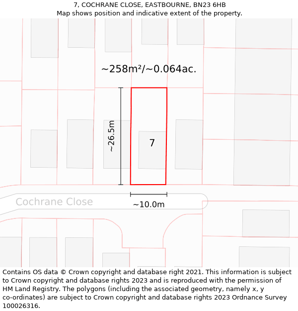 7, COCHRANE CLOSE, EASTBOURNE, BN23 6HB: Plot and title map