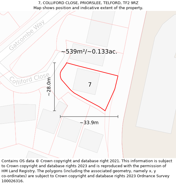 7, COLLIFORD CLOSE, PRIORSLEE, TELFORD, TF2 9RZ: Plot and title map