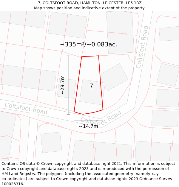 7, COLTSFOOT ROAD, HAMILTON, LEICESTER, LE5 1RZ: Plot and title map