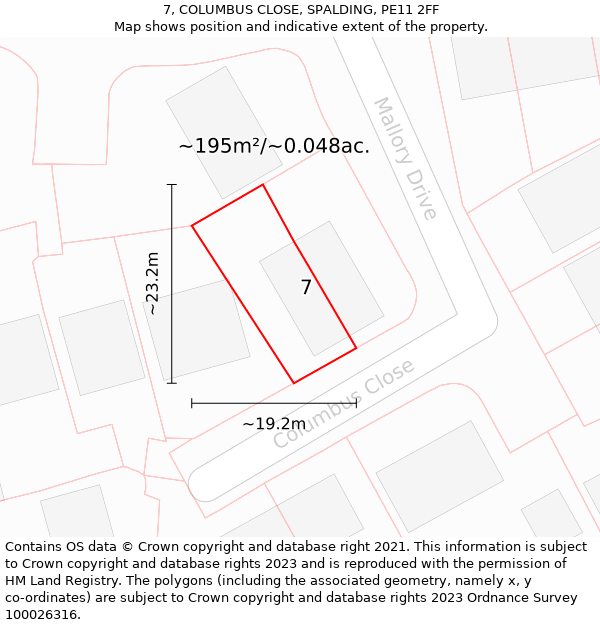 7, COLUMBUS CLOSE, SPALDING, PE11 2FF: Plot and title map