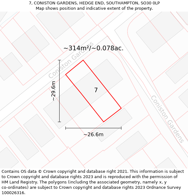 7, CONISTON GARDENS, HEDGE END, SOUTHAMPTON, SO30 0LP: Plot and title map