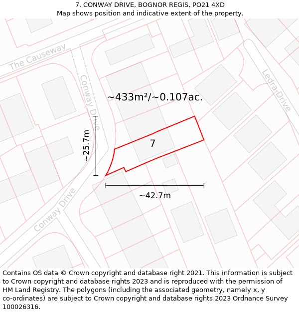 7, CONWAY DRIVE, BOGNOR REGIS, PO21 4XD: Plot and title map