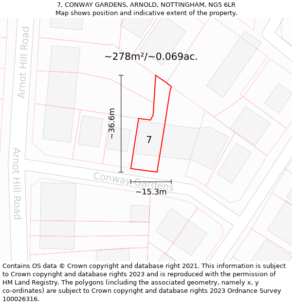 7, CONWAY GARDENS, ARNOLD, NOTTINGHAM, NG5 6LR: Plot and title map