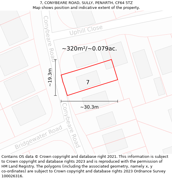 7, CONYBEARE ROAD, SULLY, PENARTH, CF64 5TZ: Plot and title map