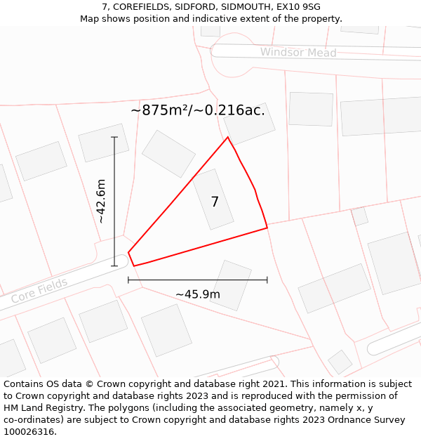 7, COREFIELDS, SIDFORD, SIDMOUTH, EX10 9SG: Plot and title map