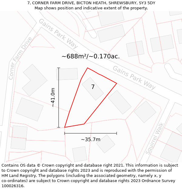 7, CORNER FARM DRIVE, BICTON HEATH, SHREWSBURY, SY3 5DY: Plot and title map