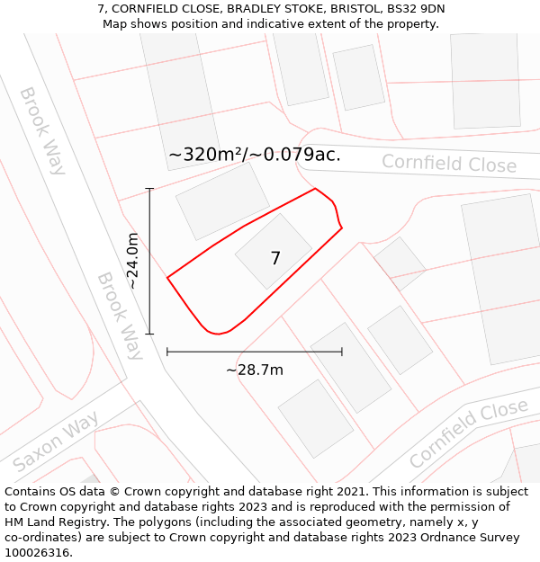 7, CORNFIELD CLOSE, BRADLEY STOKE, BRISTOL, BS32 9DN: Plot and title map