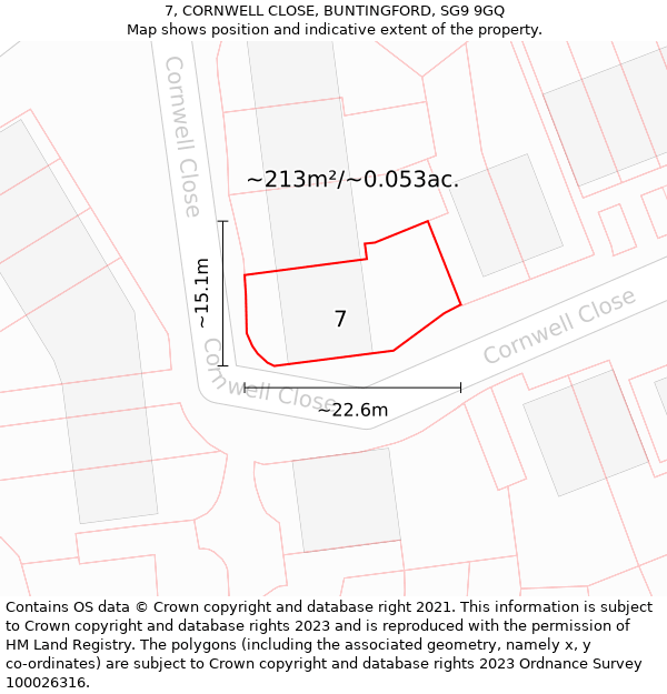 7, CORNWELL CLOSE, BUNTINGFORD, SG9 9GQ: Plot and title map