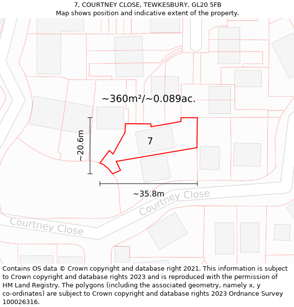 7, COURTNEY CLOSE, TEWKESBURY, GL20 5FB: Plot and title map