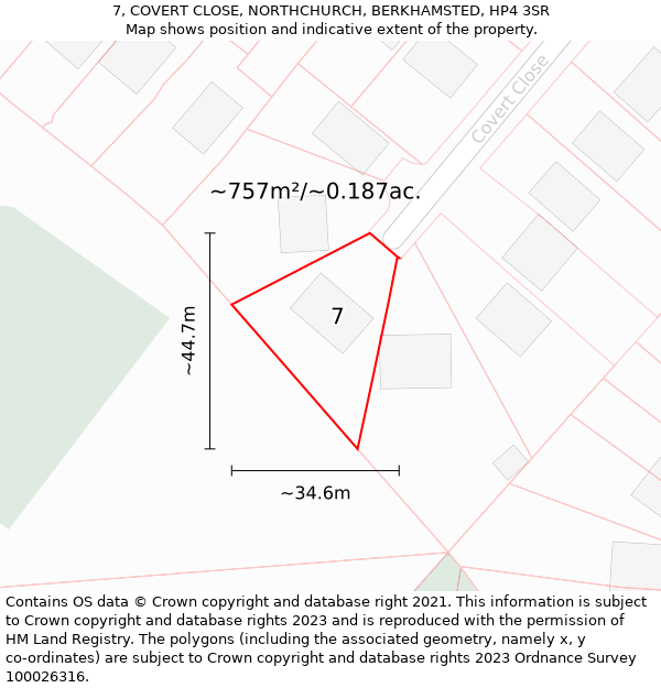 7, COVERT CLOSE, NORTHCHURCH, BERKHAMSTED, HP4 3SR: Plot and title map