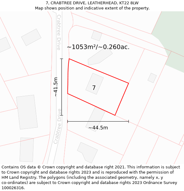 7, CRABTREE DRIVE, LEATHERHEAD, KT22 8LW: Plot and title map