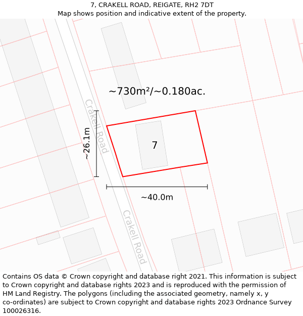 7, CRAKELL ROAD, REIGATE, RH2 7DT: Plot and title map