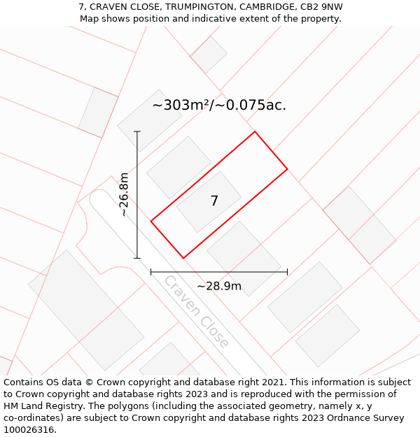 7, CRAVEN CLOSE, TRUMPINGTON, CAMBRIDGE, CB2 9NW: Plot and title map