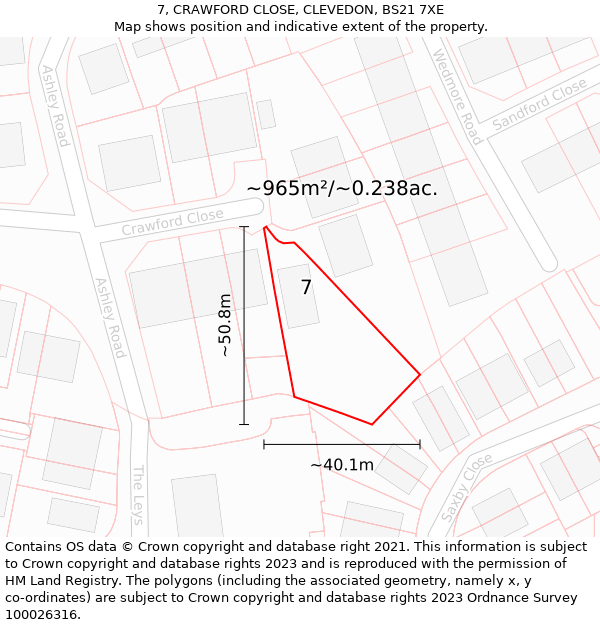 7, CRAWFORD CLOSE, CLEVEDON, BS21 7XE: Plot and title map