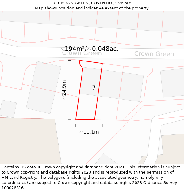 7, CROWN GREEN, COVENTRY, CV6 6FA: Plot and title map