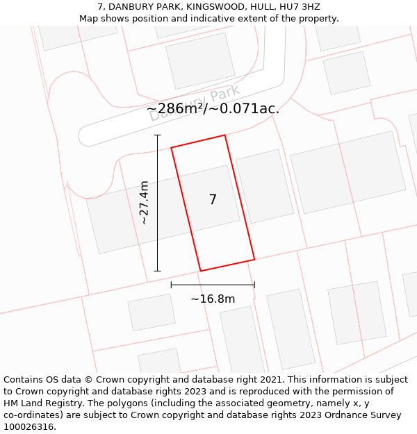 7, DANBURY PARK, KINGSWOOD, HULL, HU7 3HZ: Plot and title map