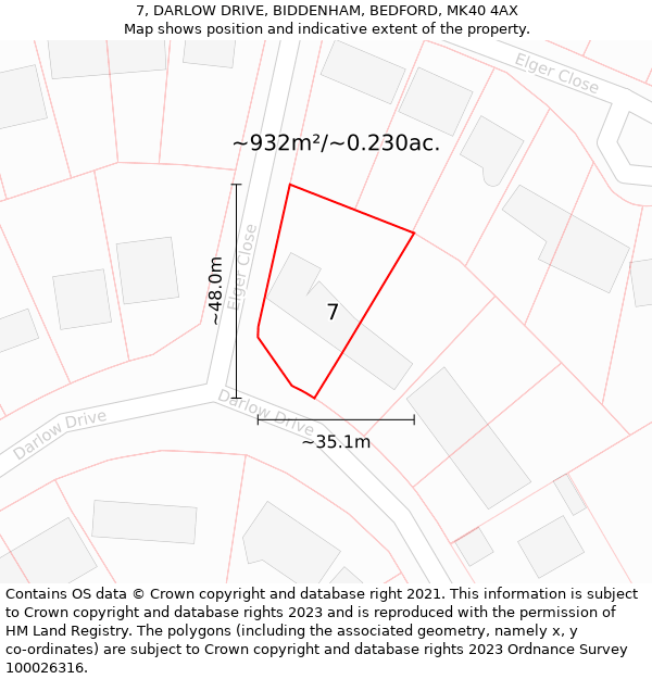 7, DARLOW DRIVE, BIDDENHAM, BEDFORD, MK40 4AX: Plot and title map