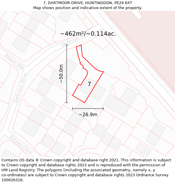 7, DARTMOOR DRIVE, HUNTINGDON, PE29 6XT: Plot and title map