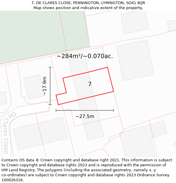 7, DE CLARES CLOSE, PENNINGTON, LYMINGTON, SO41 8QR: Plot and title map