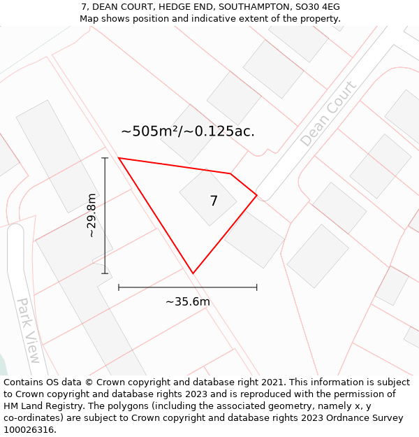 7, DEAN COURT, HEDGE END, SOUTHAMPTON, SO30 4EG: Plot and title map