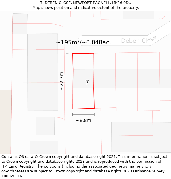 7, DEBEN CLOSE, NEWPORT PAGNELL, MK16 9DU: Plot and title map