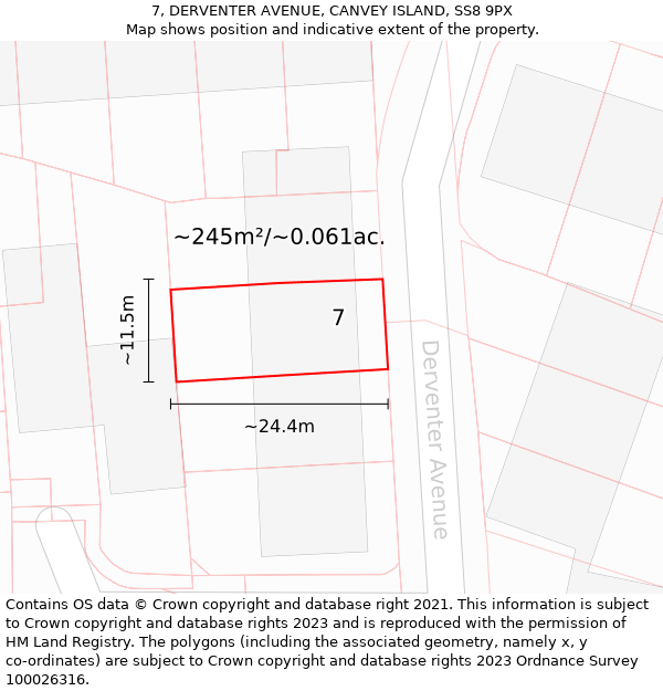 7, DERVENTER AVENUE, CANVEY ISLAND, SS8 9PX: Plot and title map