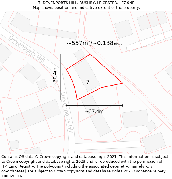 7, DEVENPORTS HILL, BUSHBY, LEICESTER, LE7 9NF: Plot and title map