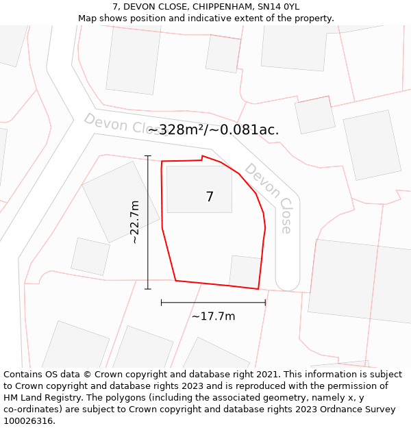 7, DEVON CLOSE, CHIPPENHAM, SN14 0YL: Plot and title map