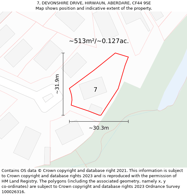 7, DEVONSHIRE DRIVE, HIRWAUN, ABERDARE, CF44 9SE: Plot and title map