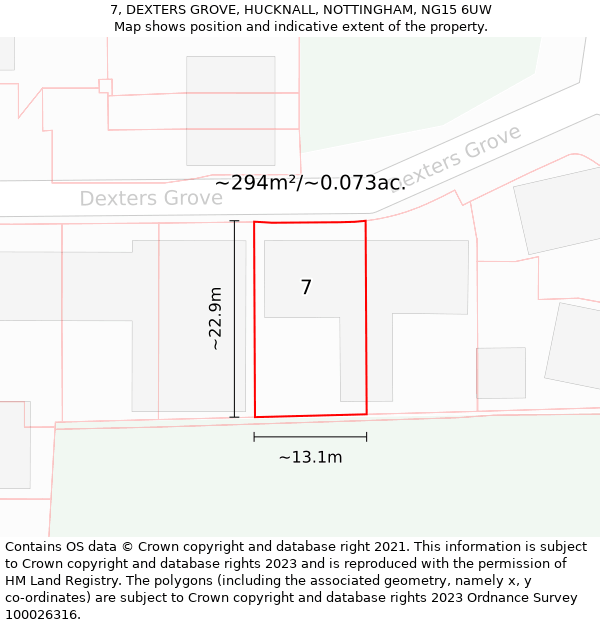 7, DEXTERS GROVE, HUCKNALL, NOTTINGHAM, NG15 6UW: Plot and title map