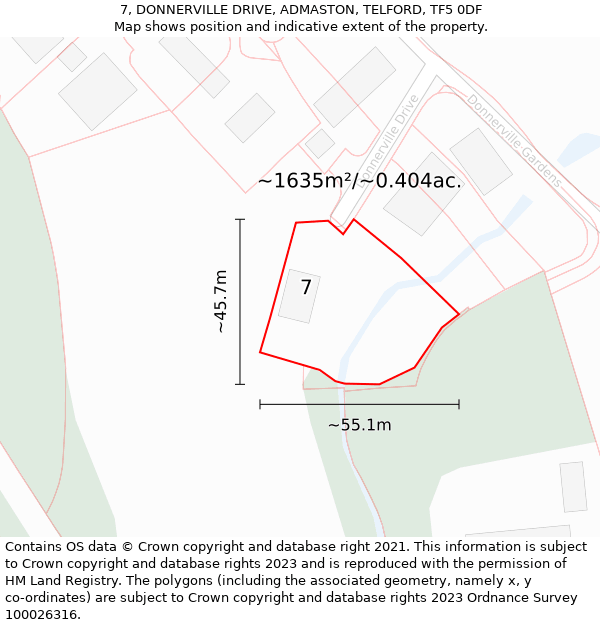7, DONNERVILLE DRIVE, ADMASTON, TELFORD, TF5 0DF: Plot and title map