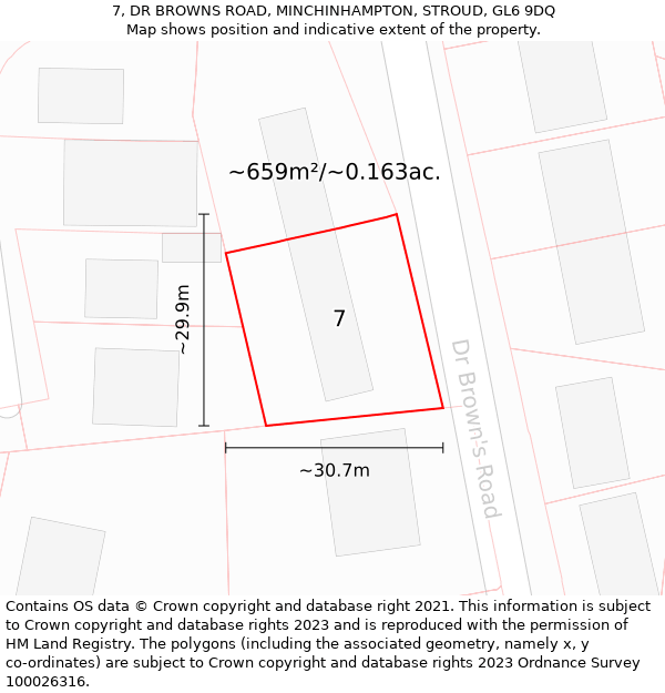 7, DR BROWNS ROAD, MINCHINHAMPTON, STROUD, GL6 9DQ: Plot and title map