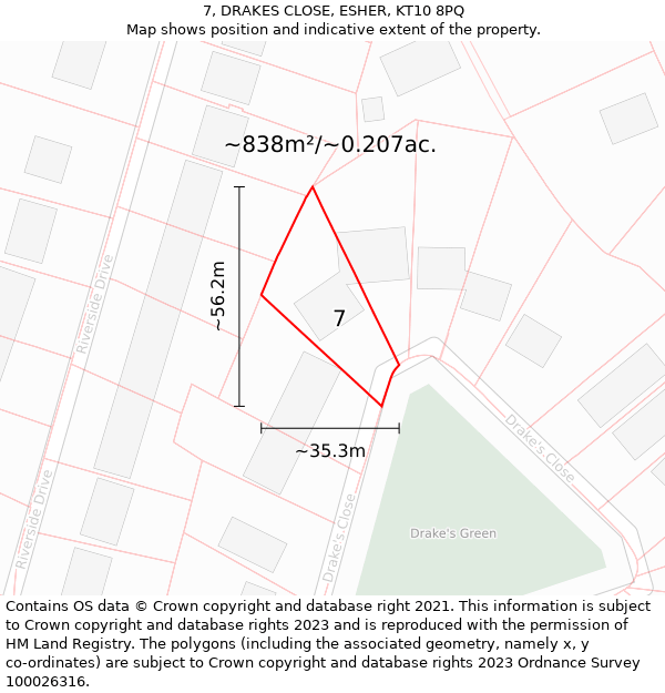 7, DRAKES CLOSE, ESHER, KT10 8PQ: Plot and title map